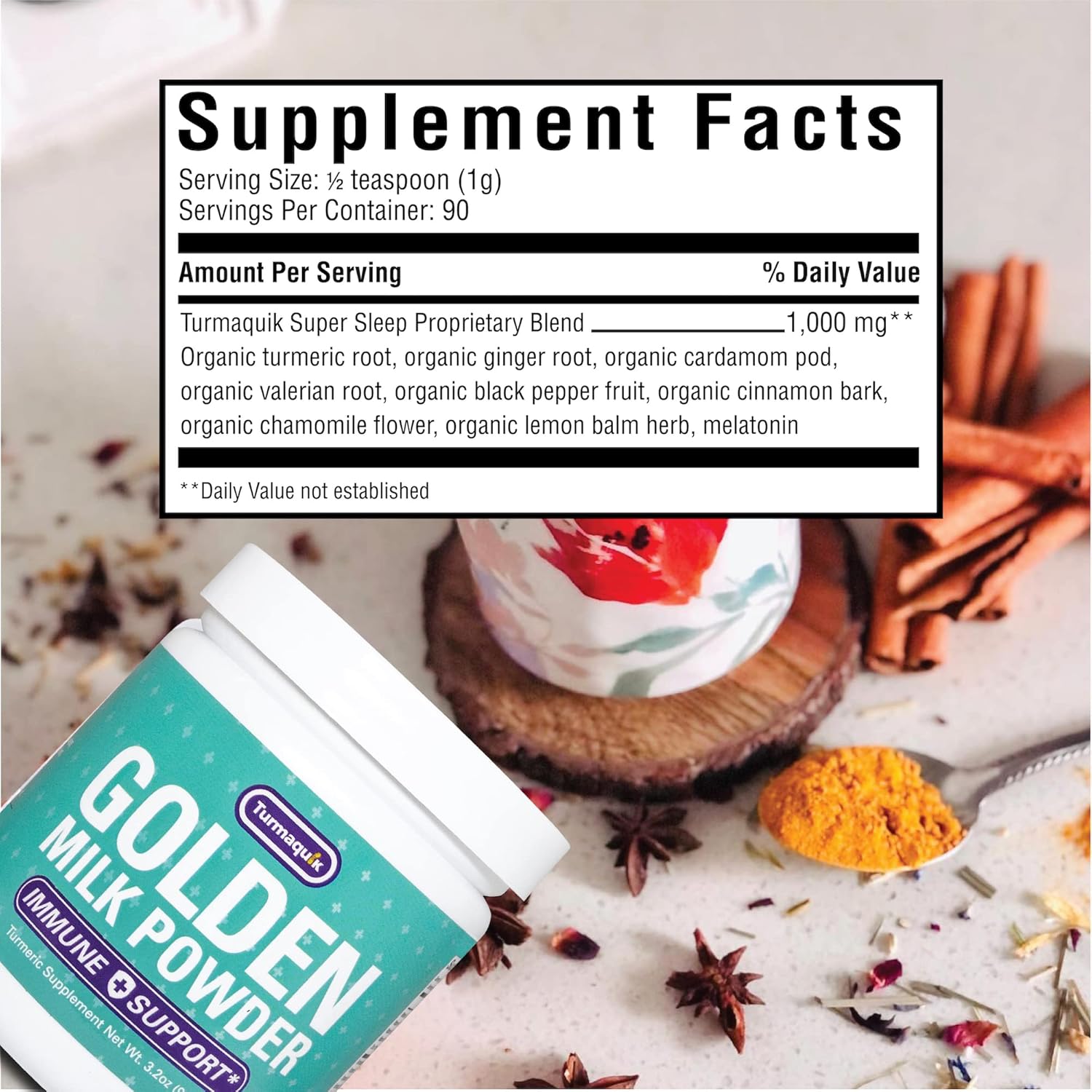 3.2 oz Organic Golden Milk Turmeric Powder with Immune Support Blend - Ginger, Black Pepper, Curcumin, Cinnamon, Cardamom, Vitamins C, D, B6, B12, Zinc