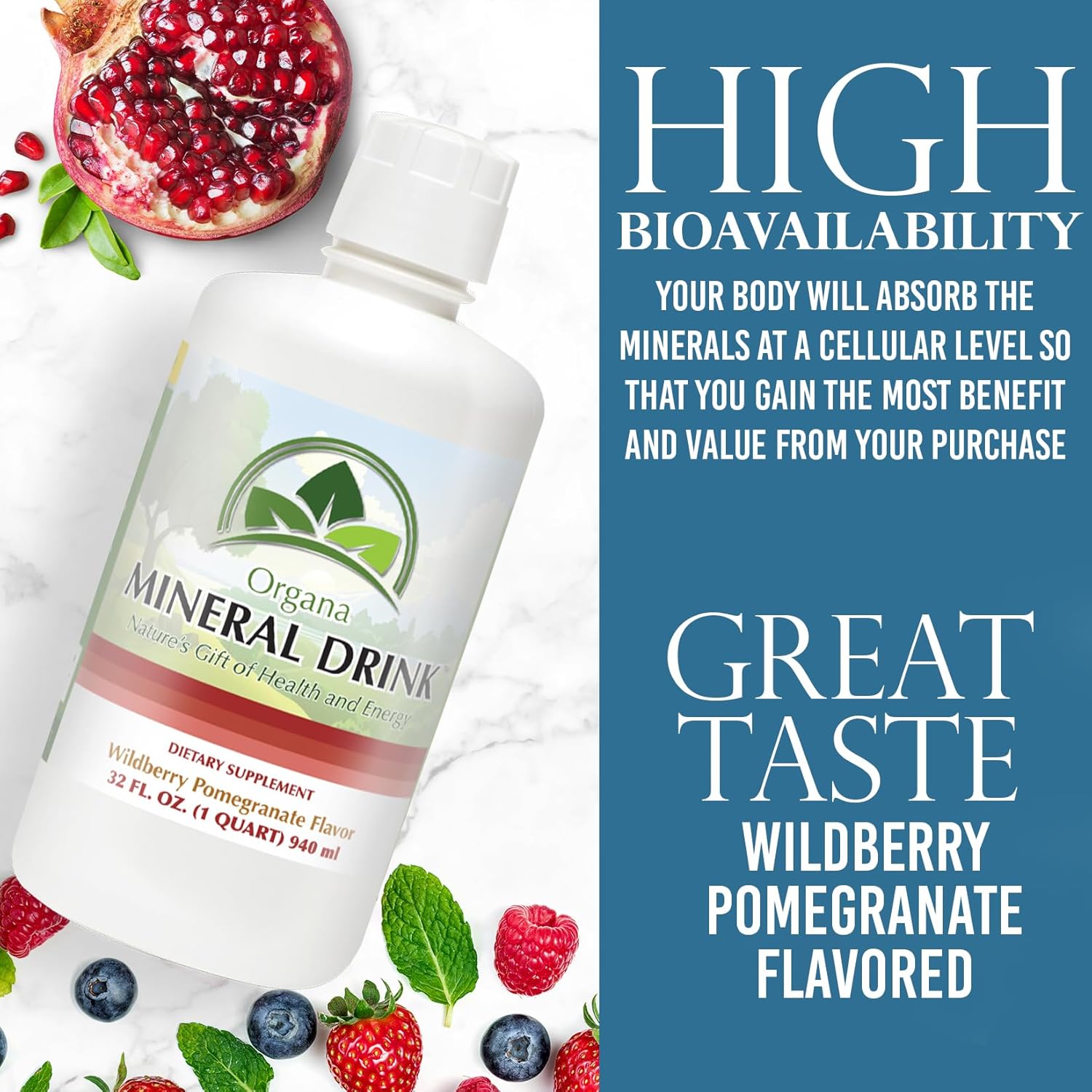 32 oz Plant Derived Major & Trace Minerals Supplement - Wildberry Pomegranate Flavor - 100% Pure & Natural - NutriNoche