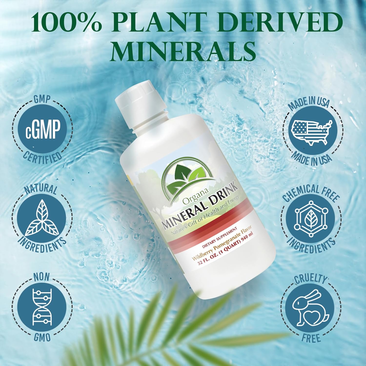 32 oz Plant Derived Major & Trace Minerals Supplement - Wildberry Pomegranate Flavor - 100% Pure & Natural - NutriNoche