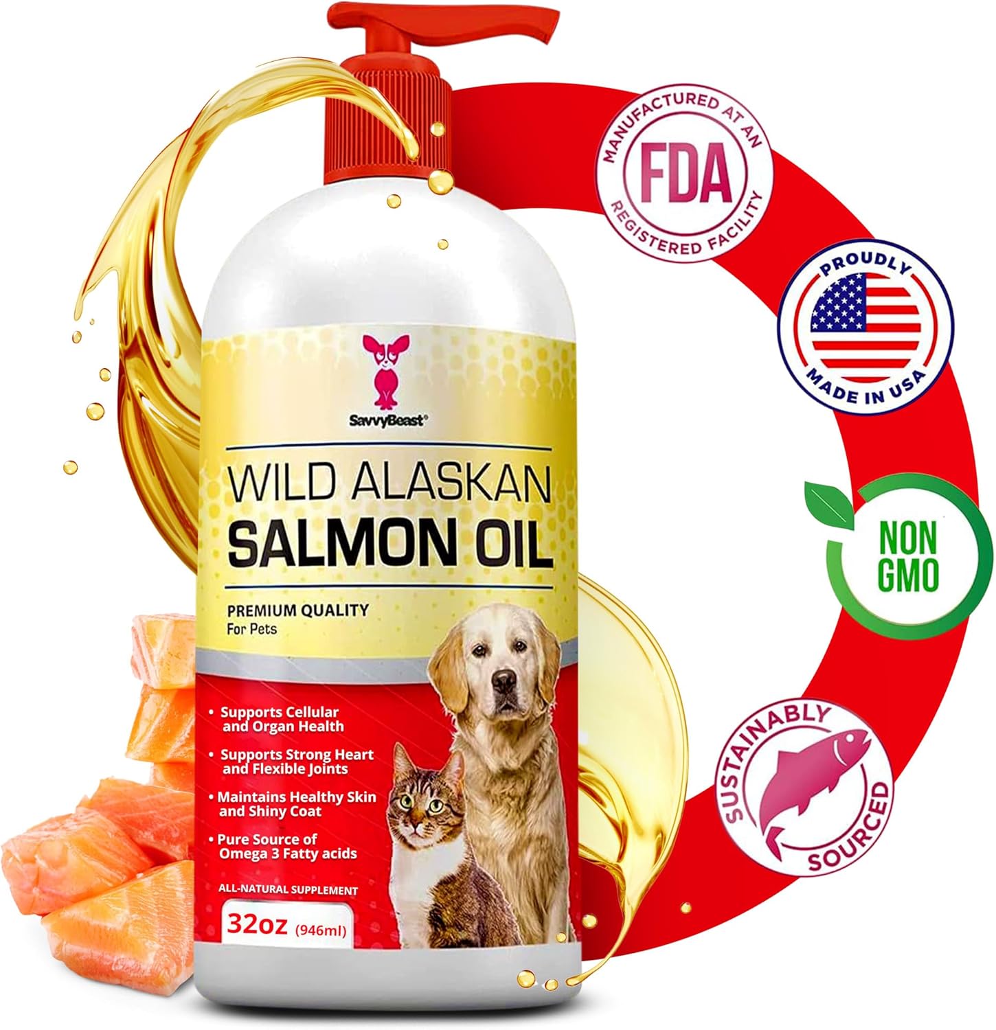 32 oz SavvyBeast Pure Wild Alaskan Salmon Oil Liquid Omega 3 Fish Oil Supplement for Dogs, Cats, Ferrets - Unscented All Natural Skin and Coat, Joints, Heart, Brain, Allergy, Weight, Immune Support