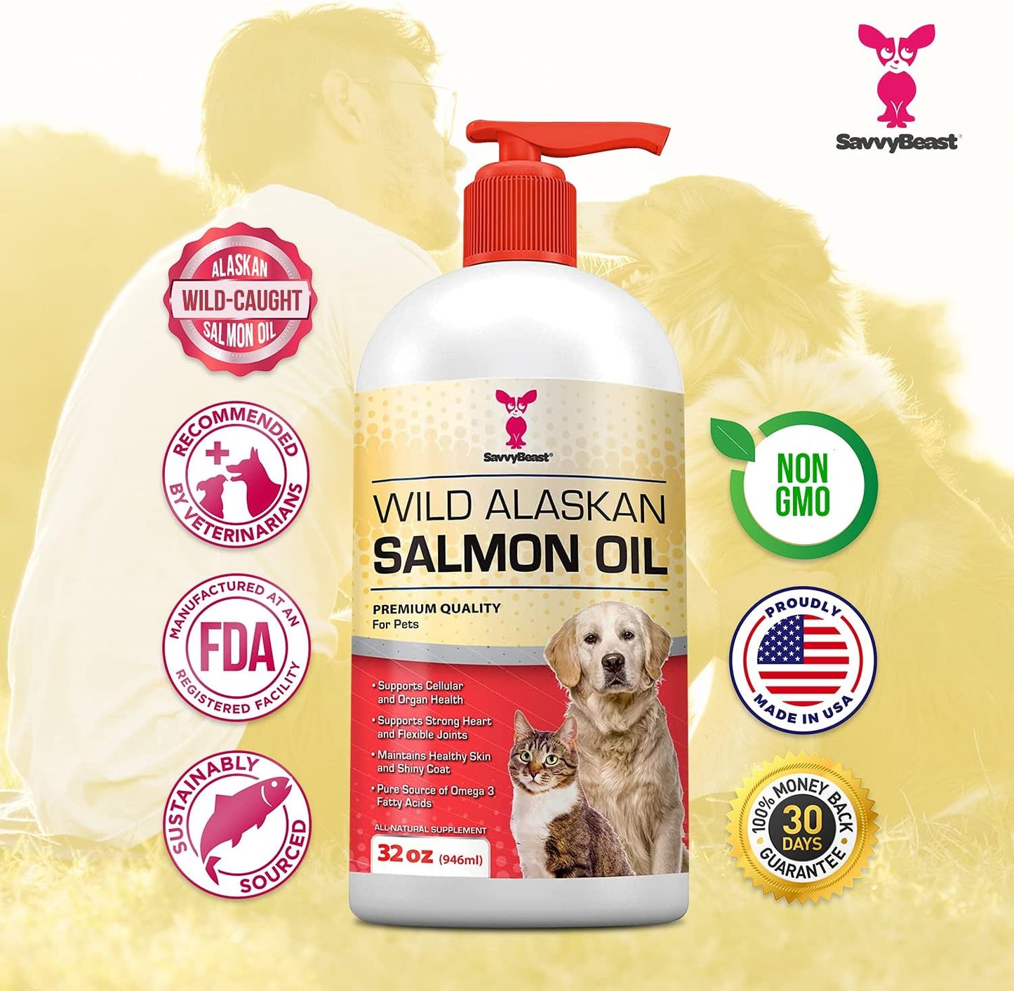 32 oz SavvyBeast Pure Wild Alaskan Salmon Oil Liquid Omega 3 Fish Oil Supplement for Dogs, Cats, Ferrets - Unscented All Natural Skin and Coat, Joints, Heart, Brain, Allergy, Weight, Immune Support