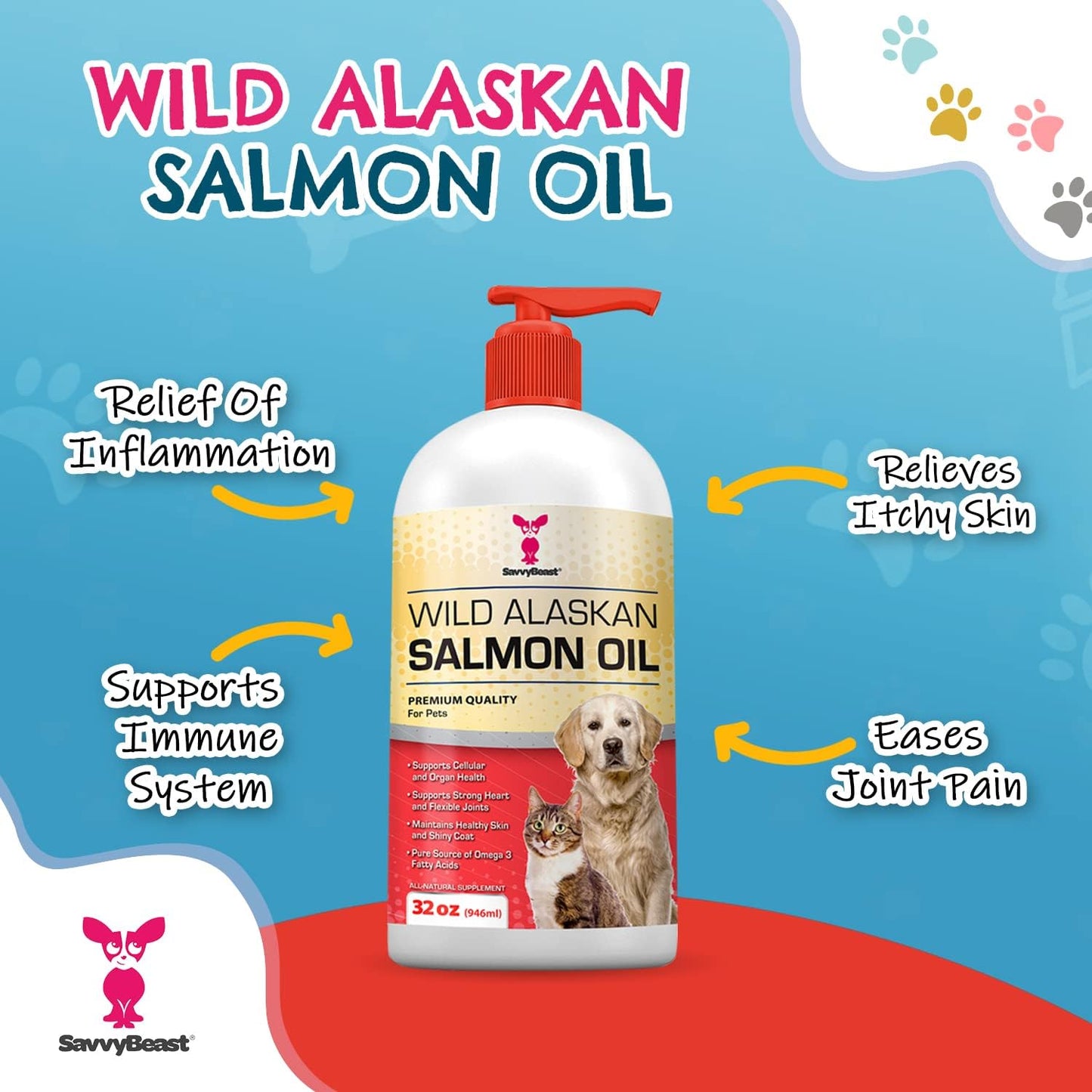 32 oz SavvyBeast Pure Wild Alaskan Salmon Oil Liquid Omega 3 Fish Oil Supplement for Dogs, Cats, Ferrets - Unscented All Natural Skin and Coat, Joints, Heart, Brain, Allergy, Weight, Immune Support