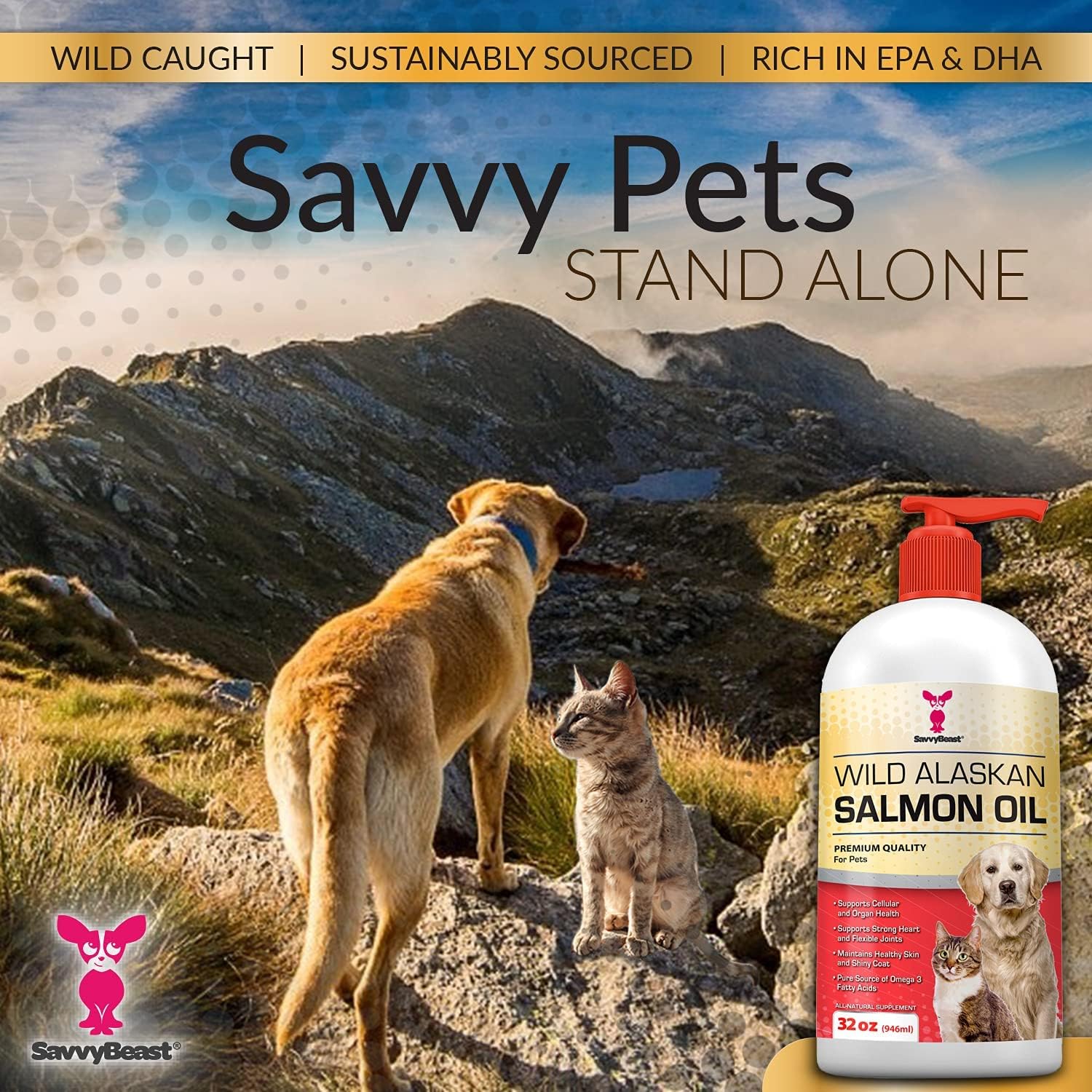 32 oz SavvyBeast Pure Wild Alaskan Salmon Oil Liquid Omega 3 Fish Oil Supplement for Dogs, Cats, Ferrets - Unscented All Natural Skin and Coat, Joints, Heart, Brain, Allergy, Weight, Immune Support