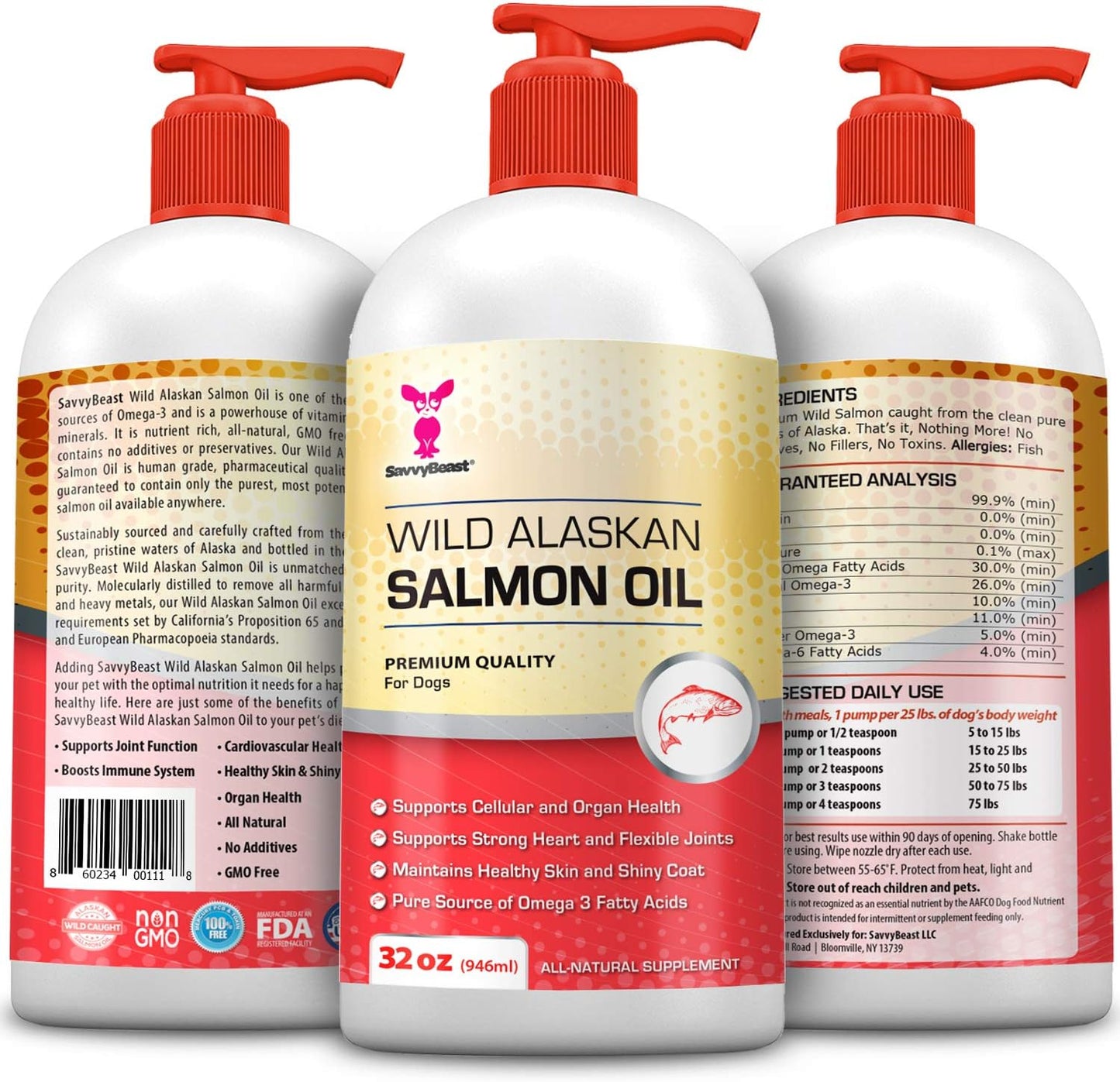 32 oz SavvyBeast Pure Wild Alaskan Salmon Oil Liquid Omega 3 Fish Oil Supplement for Dogs, Cats, Ferrets - Unscented All Natural Skin and Coat, Joints, Heart, Brain, Allergy, Weight, Immune Support