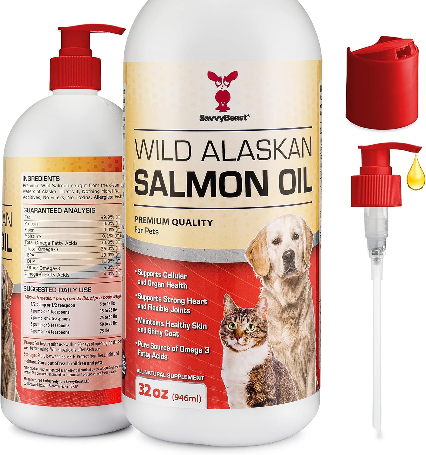32 oz SavvyBeast Pure Wild Alaskan Salmon Oil Liquid Omega 3 Fish Oil Supplement for Dogs, Cats, Ferrets - Unscented All Natural Skin and Coat, Joints, Heart, Brain, Allergy, Weight, Immune Support