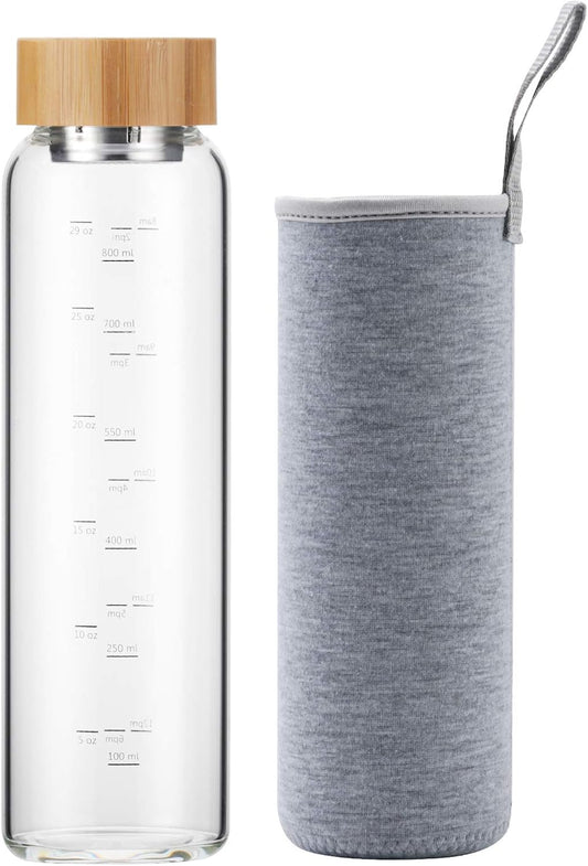 32 oz Wide Mouth Glass Water Bottle with Bamboo Lid and Sleeve - Motivational Time Marker, BPA Free, Reusable for Hot Cold Drinks - Gray