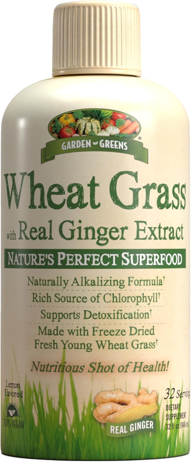 32 Servings of Garden Greens Wheat Grass Liquid with Real Ginger Extract - Nature's Perfect Superfood