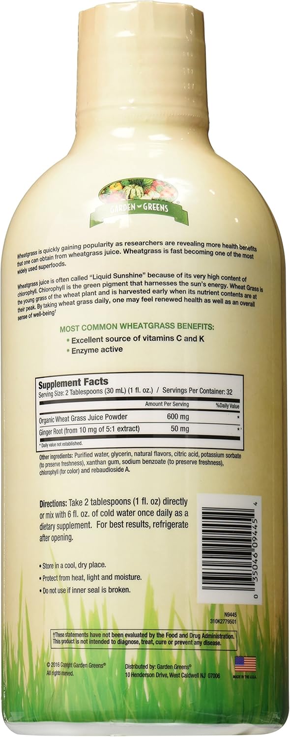 32 Servings of Garden Greens Wheat Grass Liquid with Real Ginger Extract - Nature's Perfect Superfood