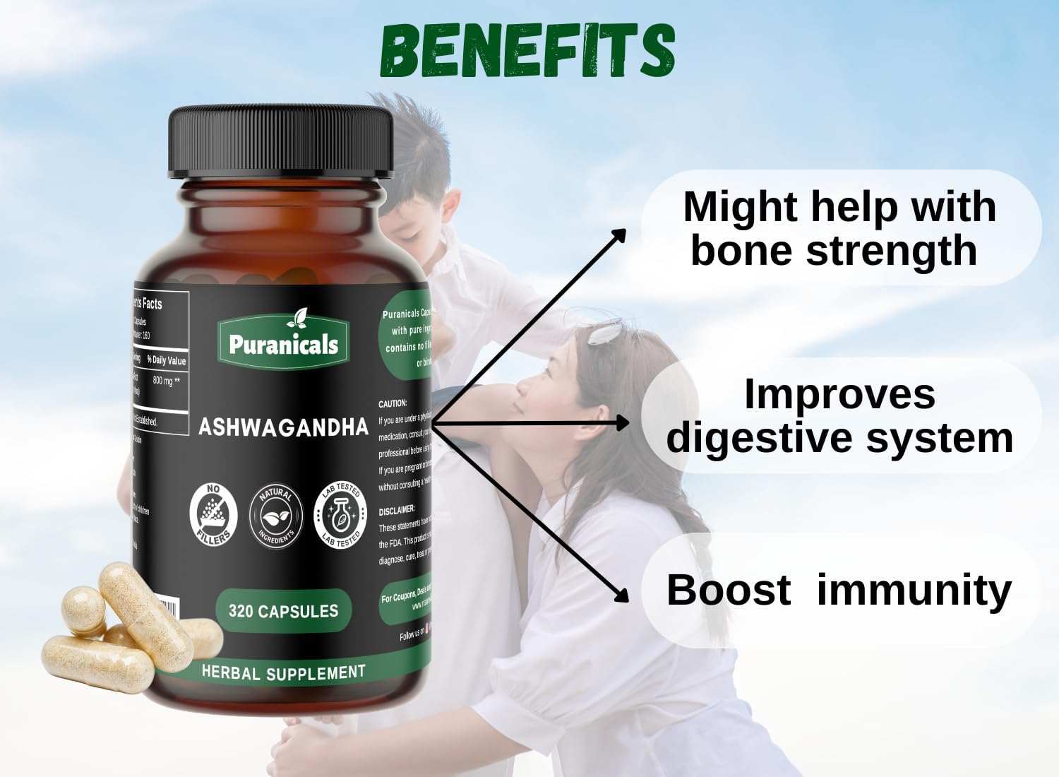 320 Capsules Puranicals Ashwagandha Premium: Non GMO, Gluten Free Herbal Supplement - 500mg Per Serving - 100% Pure Ashwagandha Powder