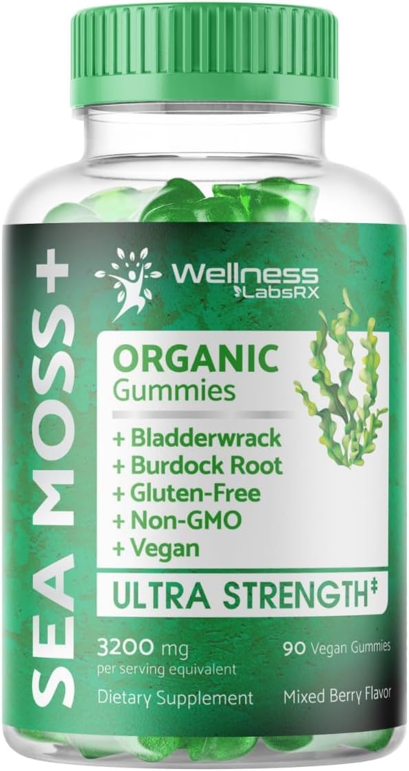 3200mg Sea Moss Gummies with Bladderwrack & Burdock Root for Skin, Energy, Immunity - 90 Count