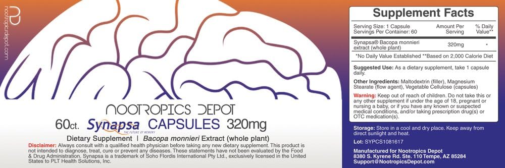 320mg Synapsa Bacopa Monnieri Capsules | 60 Count | Whole Plant Extract | Ayurvedic Adaptogen Herb for Learning, Memory & Mental Performance