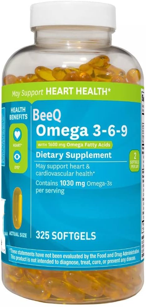 325 ct. BeeQ Omega 3-6-9 Dietary Supplement for Heart, Cardiovascular, and Eye Health