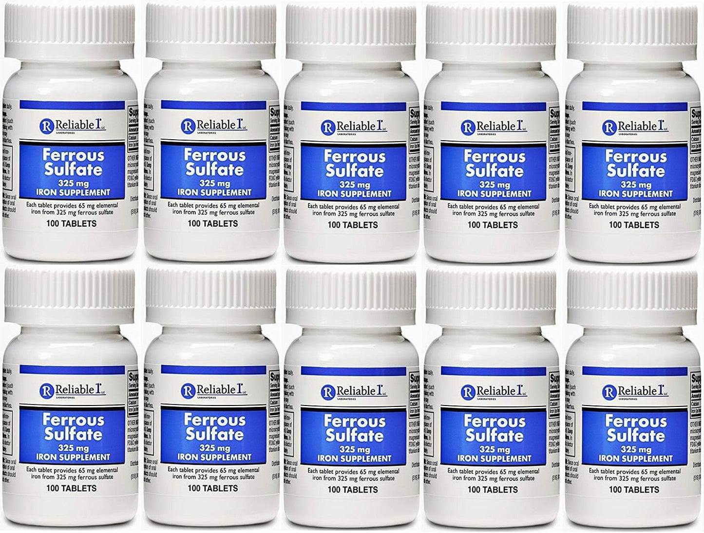 325mg Ferrous Sulfate Iron Tablets - 100 Count, Pack of 10 - Reliable-1 Laboratories Generic for Feosol