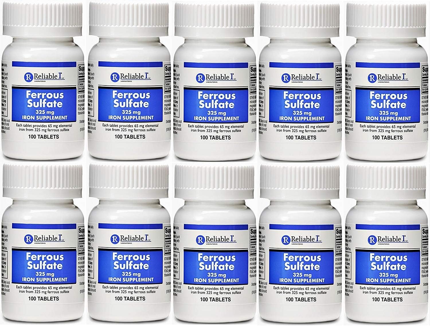 325mg Ferrous Sulfate Iron Tablets - 100 Count, Pack of 10 - Reliable-1 Laboratories Generic for Feosol