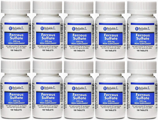 325mg Ferrous Sulfate Iron Tablets - 100 Count, Pack of 10 - Reliable-1 Laboratories Generic for Feosol
