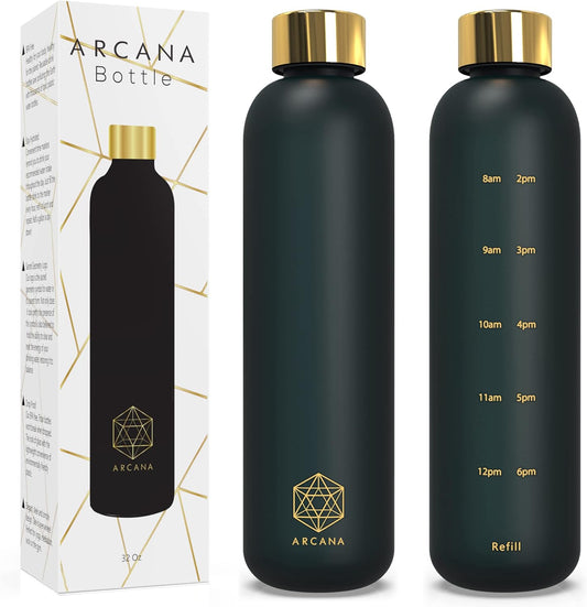 32oz Black Arcana Arc Bottle Water with Time Marker - BPA-Free Frosted Plastic Motivational Hydration Tracker for Gym, Sports, Outdoors