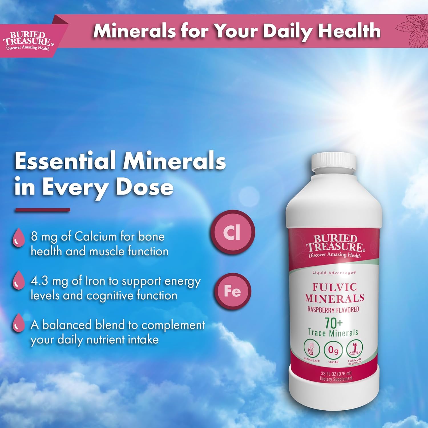 32oz Buried Treasure Fulvic Mineral Complex in Natural Raspberry Flavor - 70+ Plant Derived Minerals, Non-GMO, Electrolyte Replacement, Vegetarian-Friendly