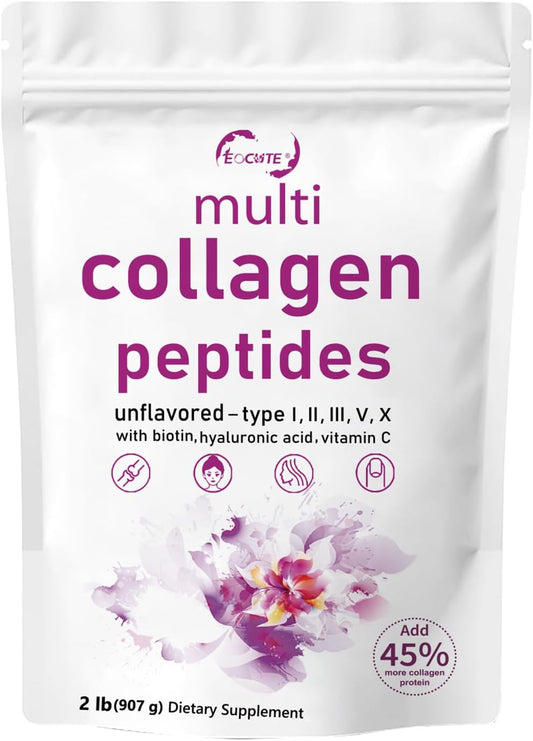 32oz EOCUTE Multi Collagen Peptides Powder - Hydrolyzed Protein Peptides with Hyaluronic Acid, Upgraded Formula, Type l,ll,ll,V,X