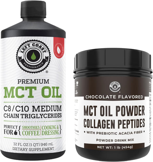 32oz Liquid Coconut MCT Oil + 16oz Chocolate Keto MCT Powder with Collagen & Prebiotic Fiber by Left Coast Performance