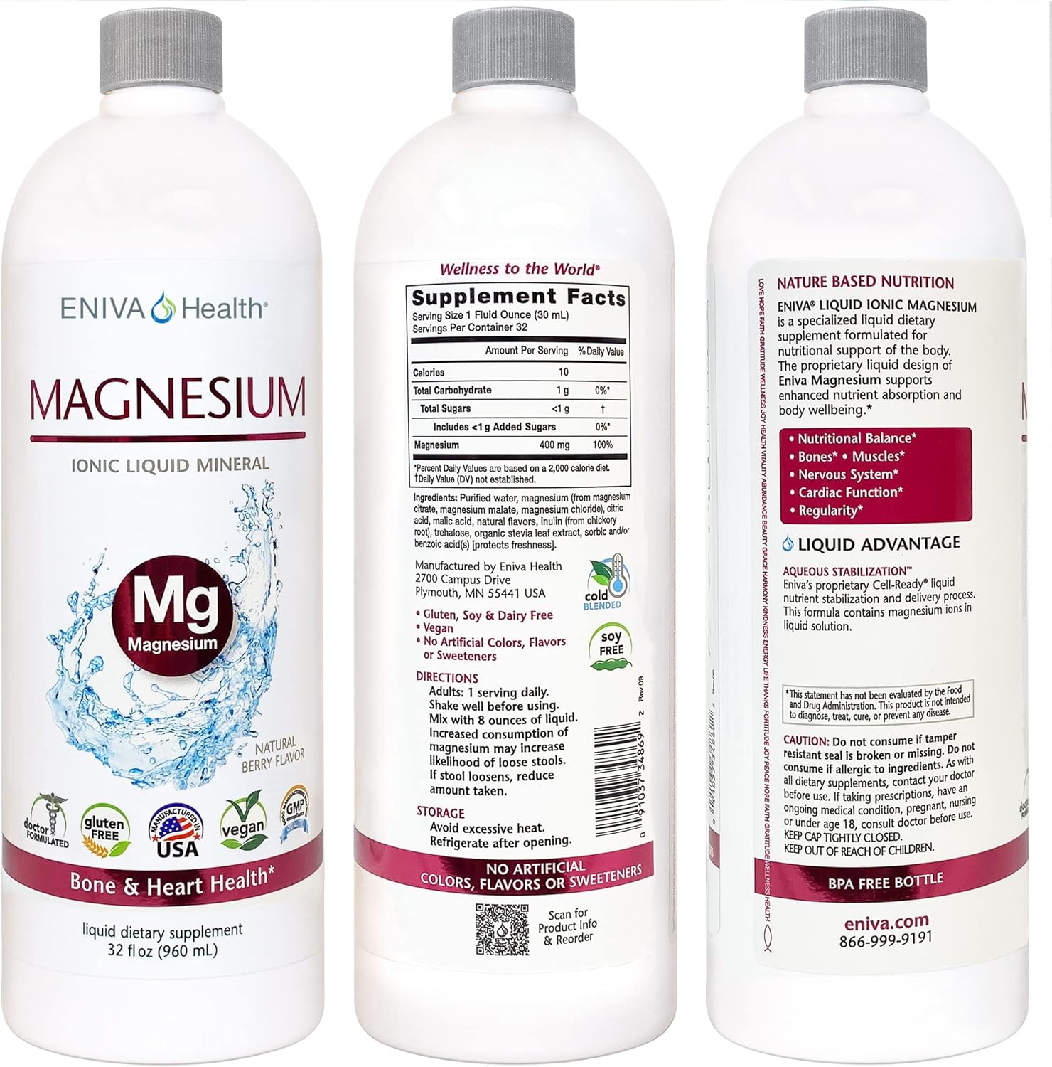32oz Liquid Ionic Magnesium Supplement for Digestive Health, Muscle Energy & Bones - Doctor Formulated, Zero Calories & Sugar - Eniva Health