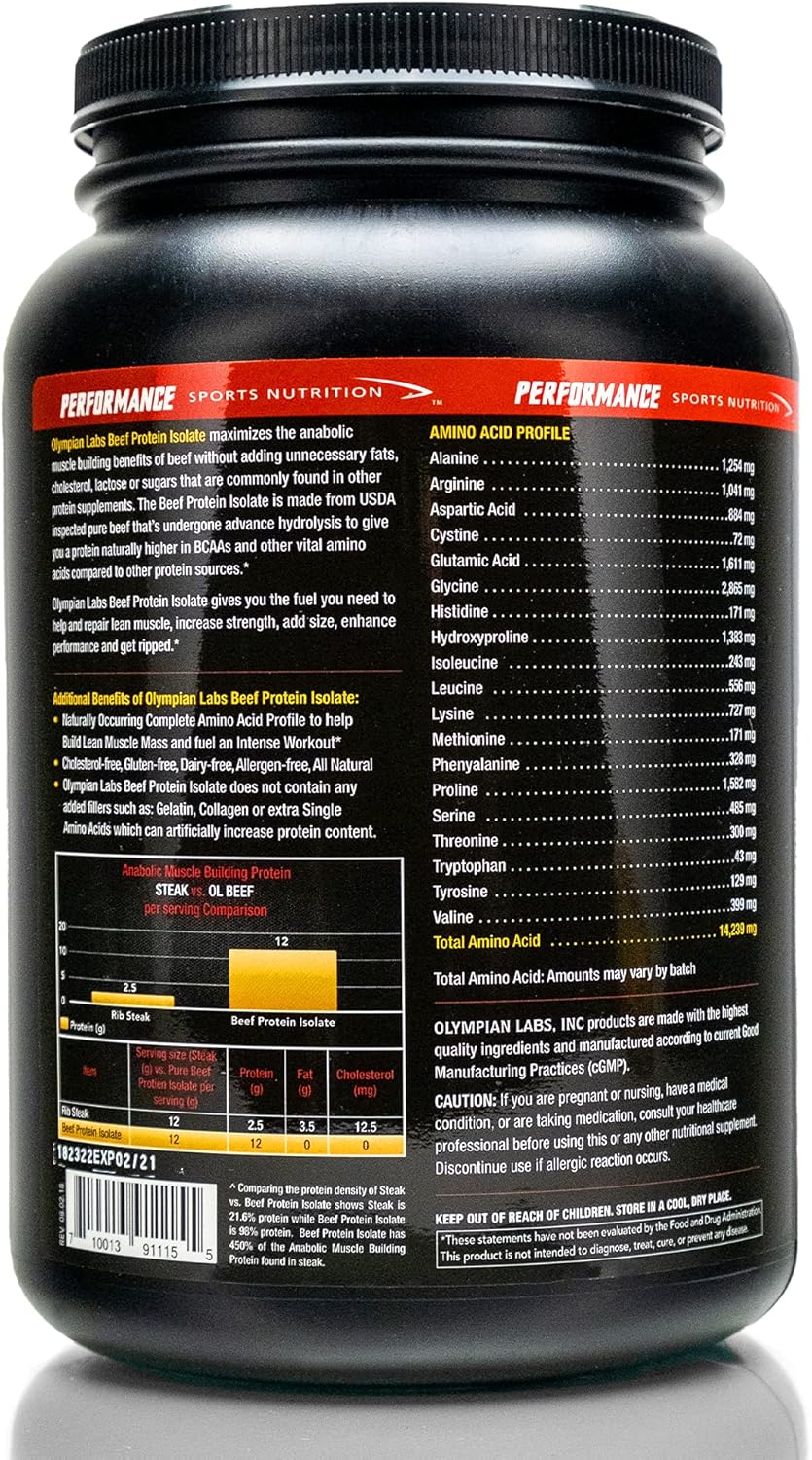 32oz Olympian Labs Beef Protein Isolate Powder with 24g Protein, BST Free, 2g BCAA's, Real Chocolate Flavor