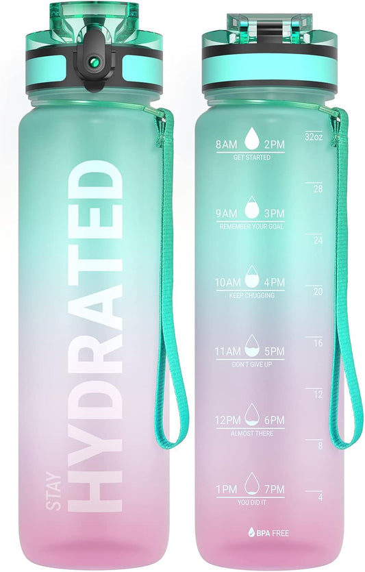 32oz Sahara Sailor Water Bottle - Durable Leakproof Tritan Bottle with Time Marker, BPA Free, Wide Mouth, Easy Clean Brush - Ideal for Gym, Travel, Home, School, Office