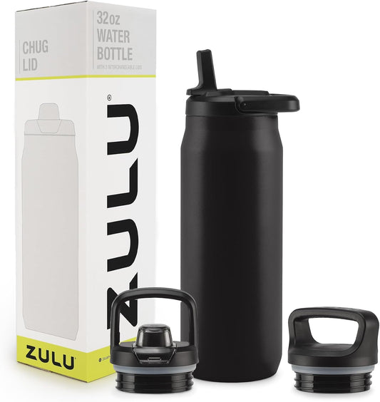 32oz Stainless Steel Water Bottle with 3 Lids - ZULU Base | Double Walled Vacuum Insulated Thermos - Gym & Outdoor Use | Dishwasher Safe & Built-in Carry Loop - Black