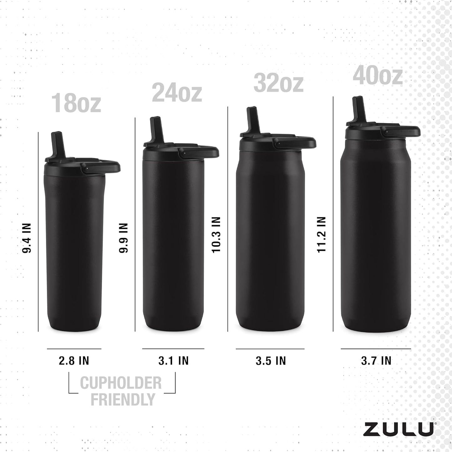 32oz Stainless Steel Water Bottle with 3 Lids - ZULU Base | Double Walled Vacuum Insulated Thermos - Gym & Outdoor Use | Dishwasher Safe & Built-in Carry Loop - Black