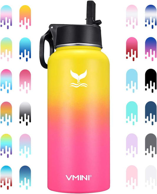32oz Vmini Water Bottle with Wide Handle Straw Lid, Vacuum Insulated Stainless Steel - Gradient Yellow + Pink