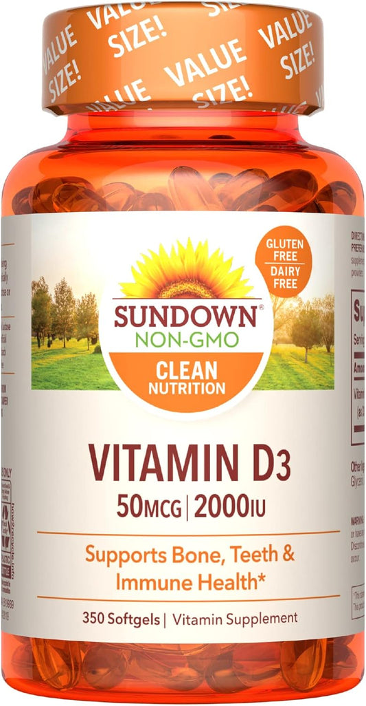 350 Count Sundown Vitamin D3 2000 IU Softgels for Bone, Teeth, and Immune Health