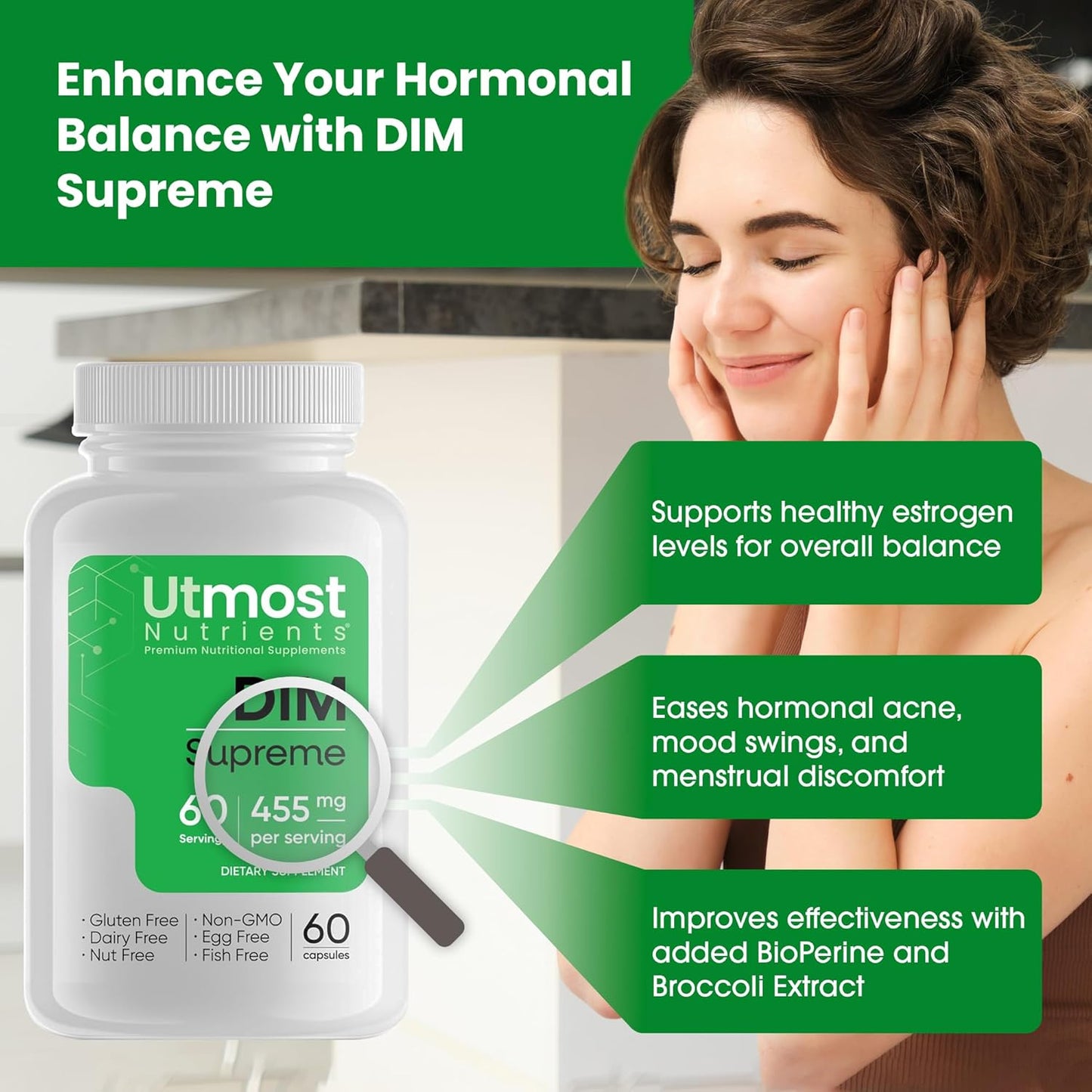 350mg DIM Supplement for Women with Broccoli Extract & Bioperine - 60 Capsules for Estrogen Regulation & Acne Support