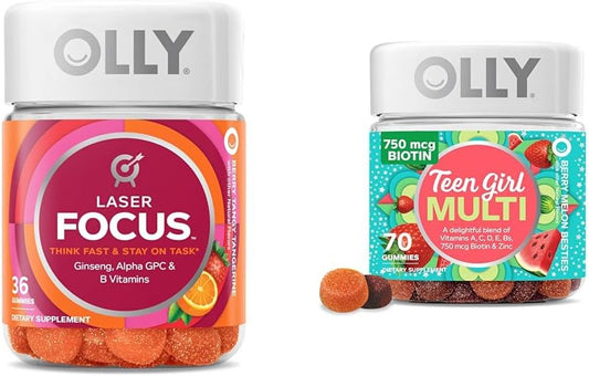 36 Count OLLY Laser Focus Gummy and 70 Count Teen Girl Multi Berry Melon - Bundle Pack