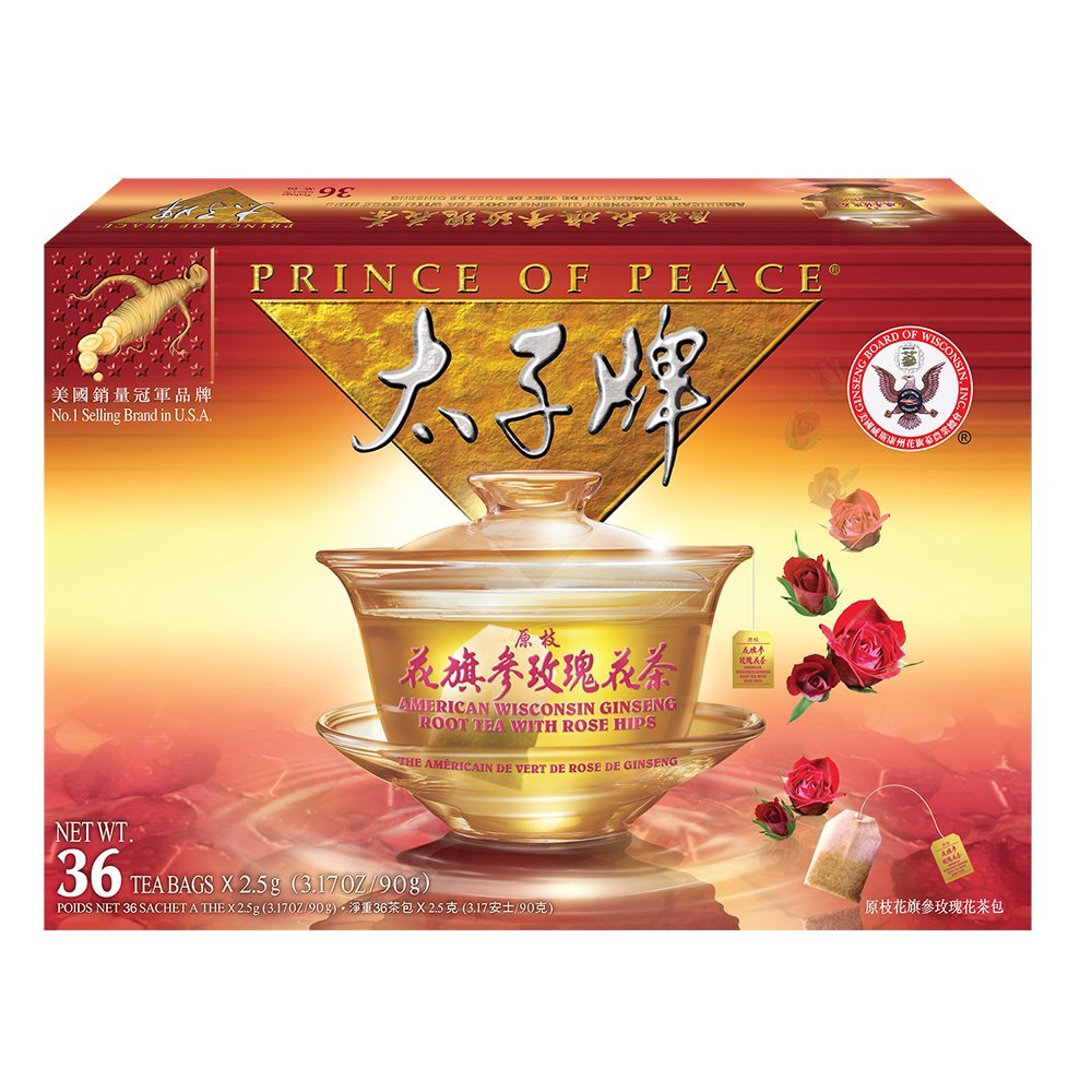 36 Tea Bags of Prince of Peace American Ginseng Root Tea with Rose Hip - Premium Blend of Pure American Ginseng and Rose Hip - Wisconsin Ginseng Tea Bags