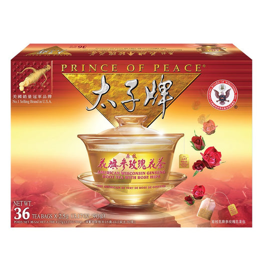 36 Tea Bags of Prince of Peace American Ginseng Root Tea with Rose Hip - Premium Blend of Pure American Ginseng and Rose Hip - Wisconsin Ginseng Tea Bags