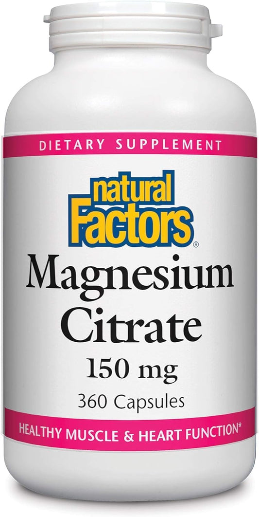 360 Capsules Natural Factors Magnesium Citrate 150 mg Supplement for Muscle and Heart Health