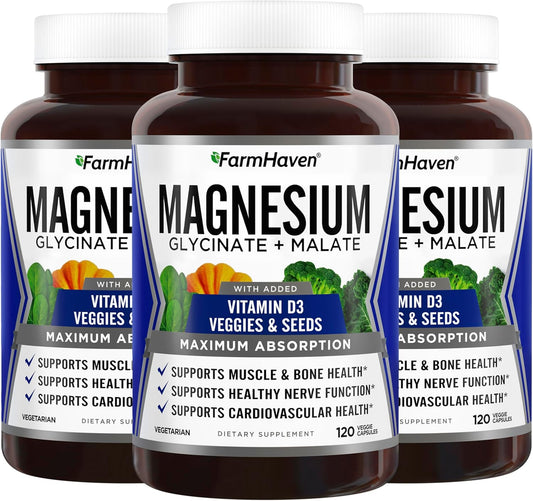 360 Capsules of FarmHaven Magnesium Glycinate & Malate Complex with Vitamin D3 for Bone, Nerve, and Muscle Health - Vegan, 100% Chelated for Maximum Absorption, 180 Day Supply