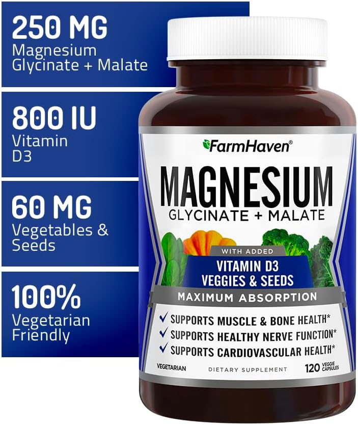 360 Capsules of FarmHaven Magnesium Glycinate & Malate Complex with Vitamin D3 for Bone, Nerve, and Muscle Health - Vegan, 100% Chelated for Maximum Absorption, 180 Day Supply