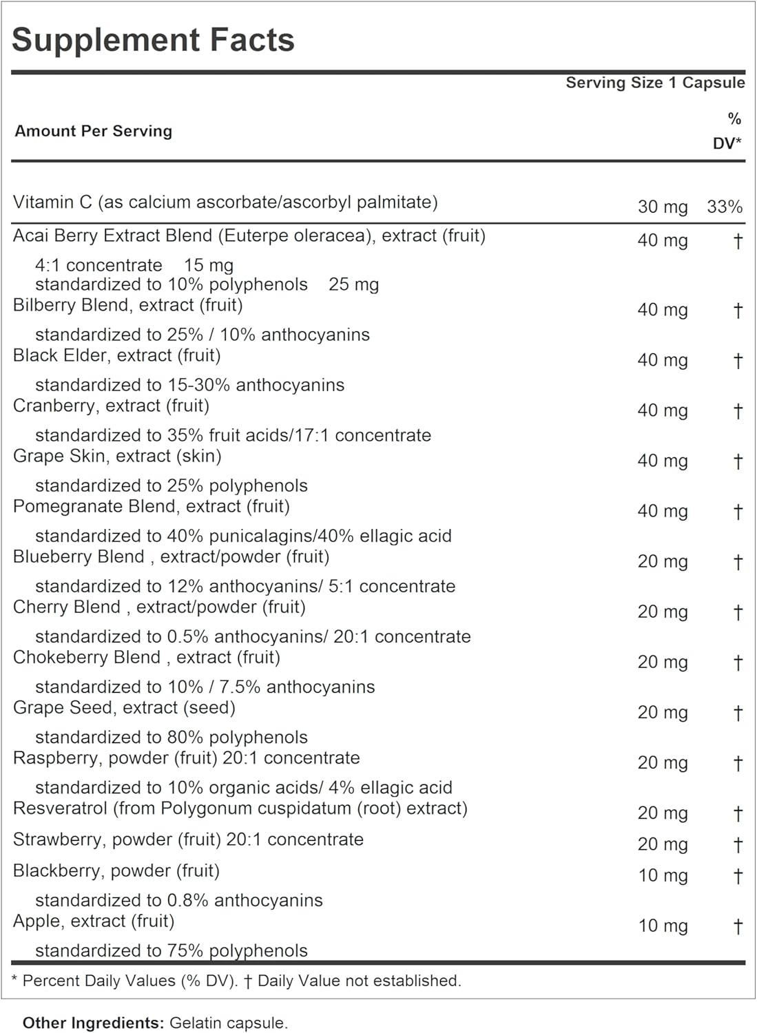 360 Capsules of Natural Fruit Full Anti-Oxidant Extracts with Bilberry, Cranberry, Grape Seed, Pomegranate, Resveratrol, and More