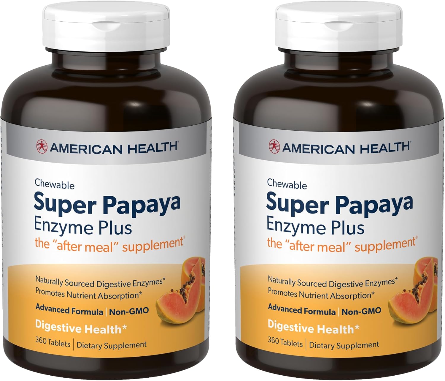 360 Chewable Tablets American Health Super Papaya Enzyme Plus Pack of 2 - Non-GMO After-Meal Supplement with 240 Total Servings