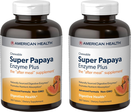 360 Chewable Tablets American Health Super Papaya Enzyme Plus Pack of 2 - Non-GMO After-Meal Supplement with 240 Total Servings
