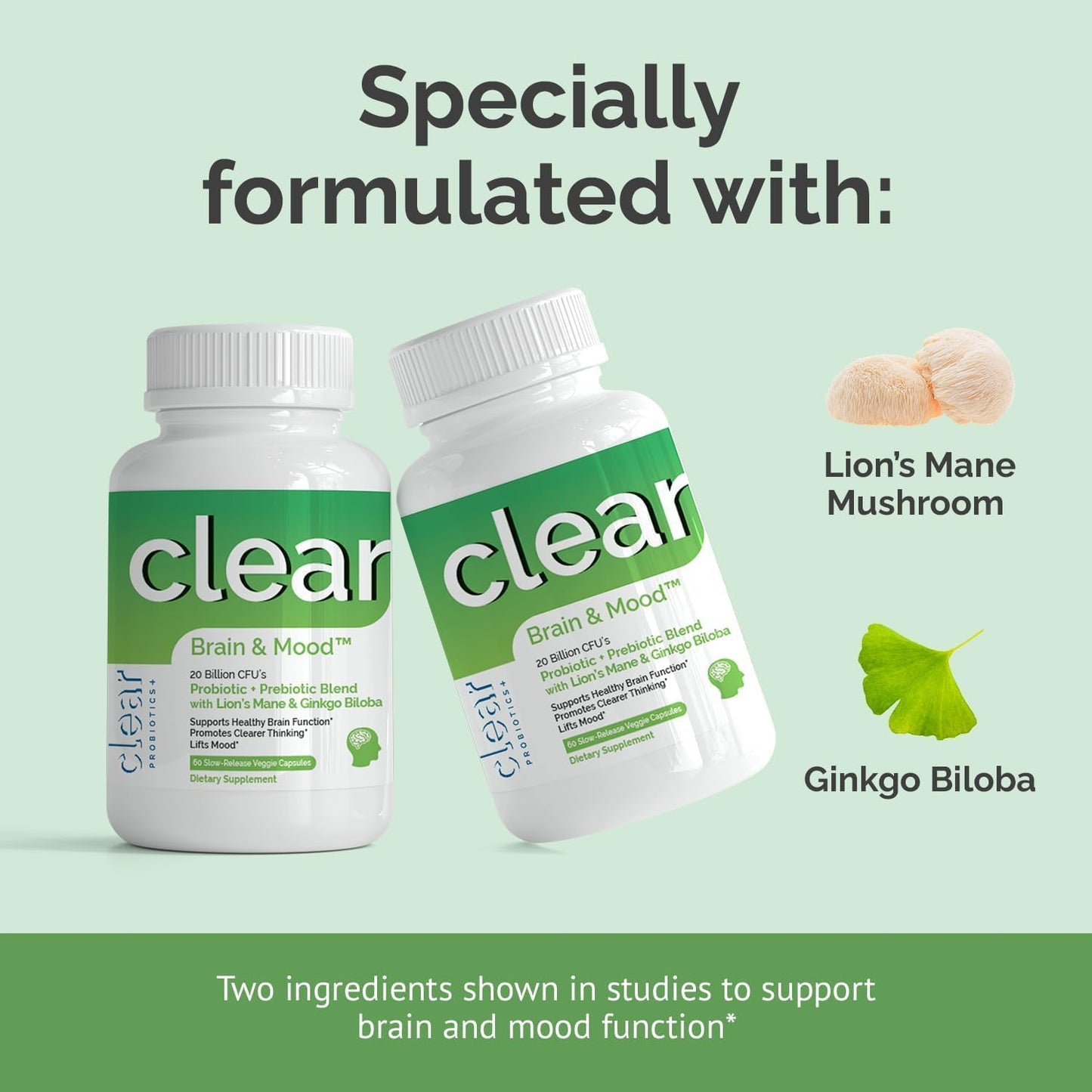 360 Count Clear Probiotics Brain Supplement with Lion’s Mane, Ginkgo Biloba, Probiotic Strains for Memory, Focus, Mood & Cognitive Function - 6 Month Supply