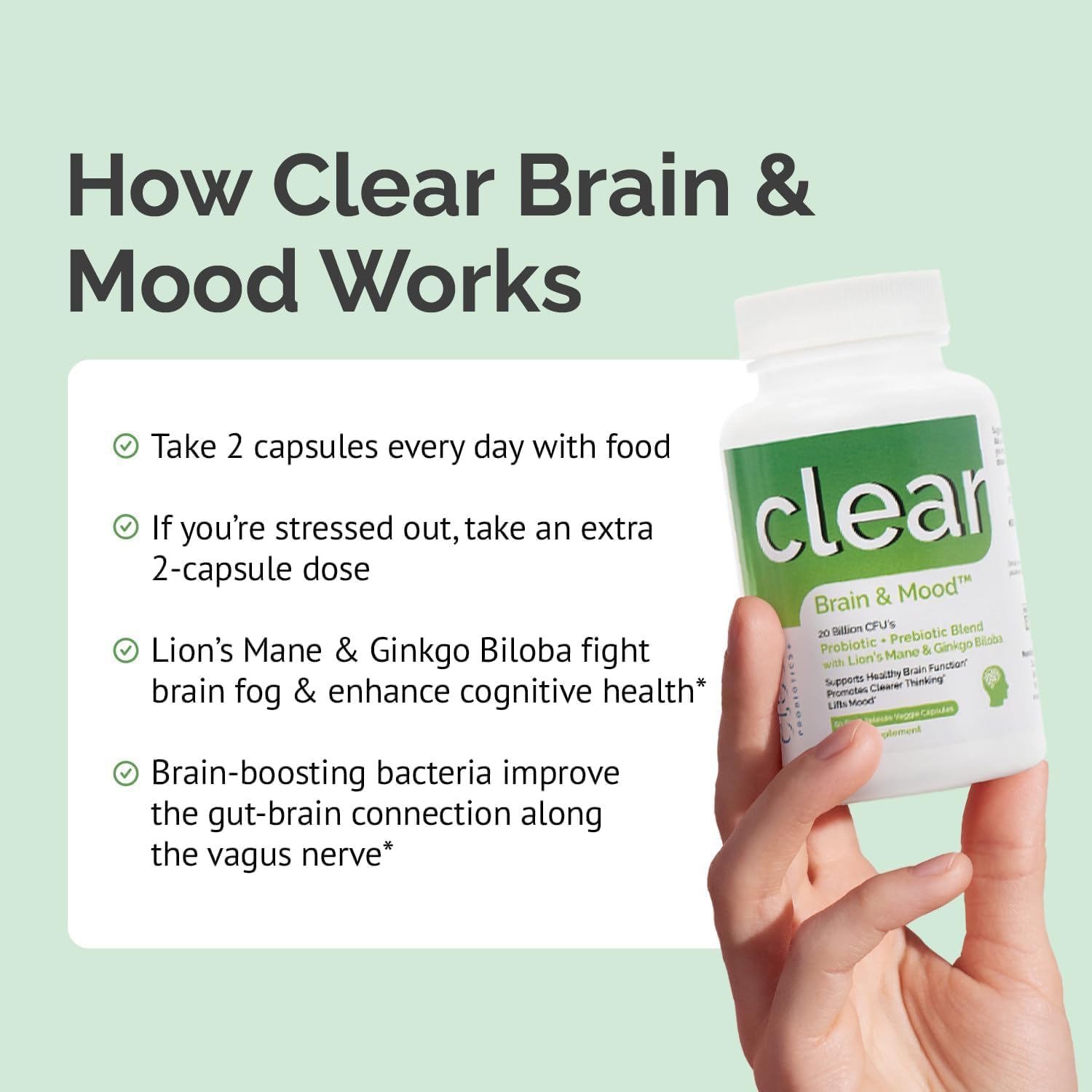 360 Count Clear Probiotics Brain Supplement with Lion’s Mane, Ginkgo Biloba, Probiotic Strains for Memory, Focus, Mood & Cognitive Function - 6 Month Supply