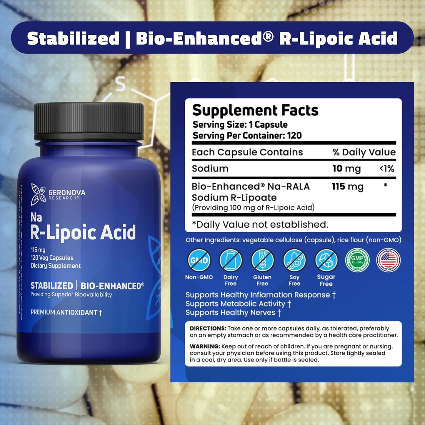 360 Count Geronova Research Bio-Enhanced R-Lipoic Acid Capsules - 115mg - 1 Year Supply - Stabilized R Alpha Lipoic Acid - Enhanced Absorption - R Lipoic Acid Supplement