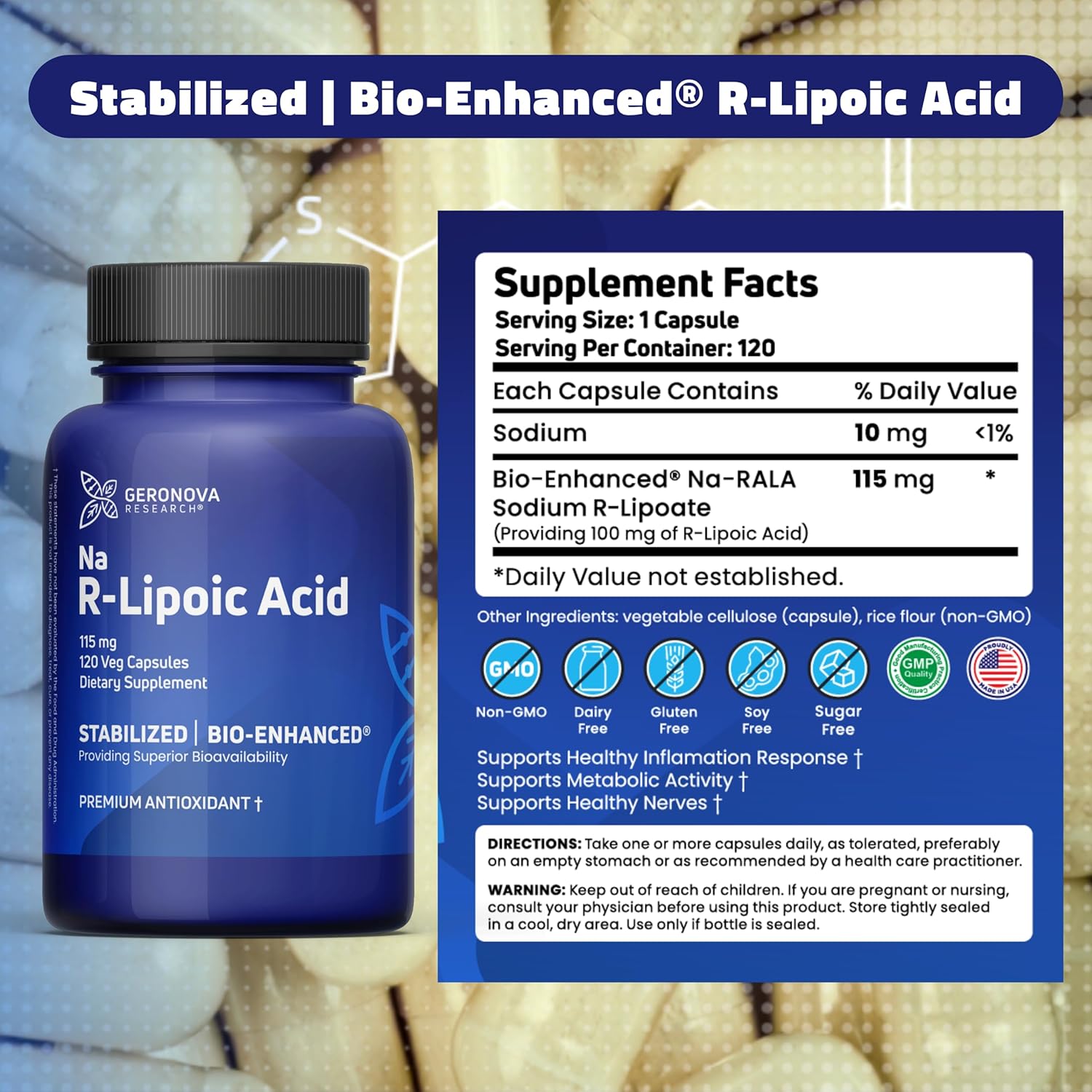 360 Count Geronova Research Bio-Enhanced R-Lipoic Acid Capsules - 115mg - 1 Year Supply - Stabilized R Alpha Lipoic Acid - Enhanced Absorption - R Lipoic Acid Supplement