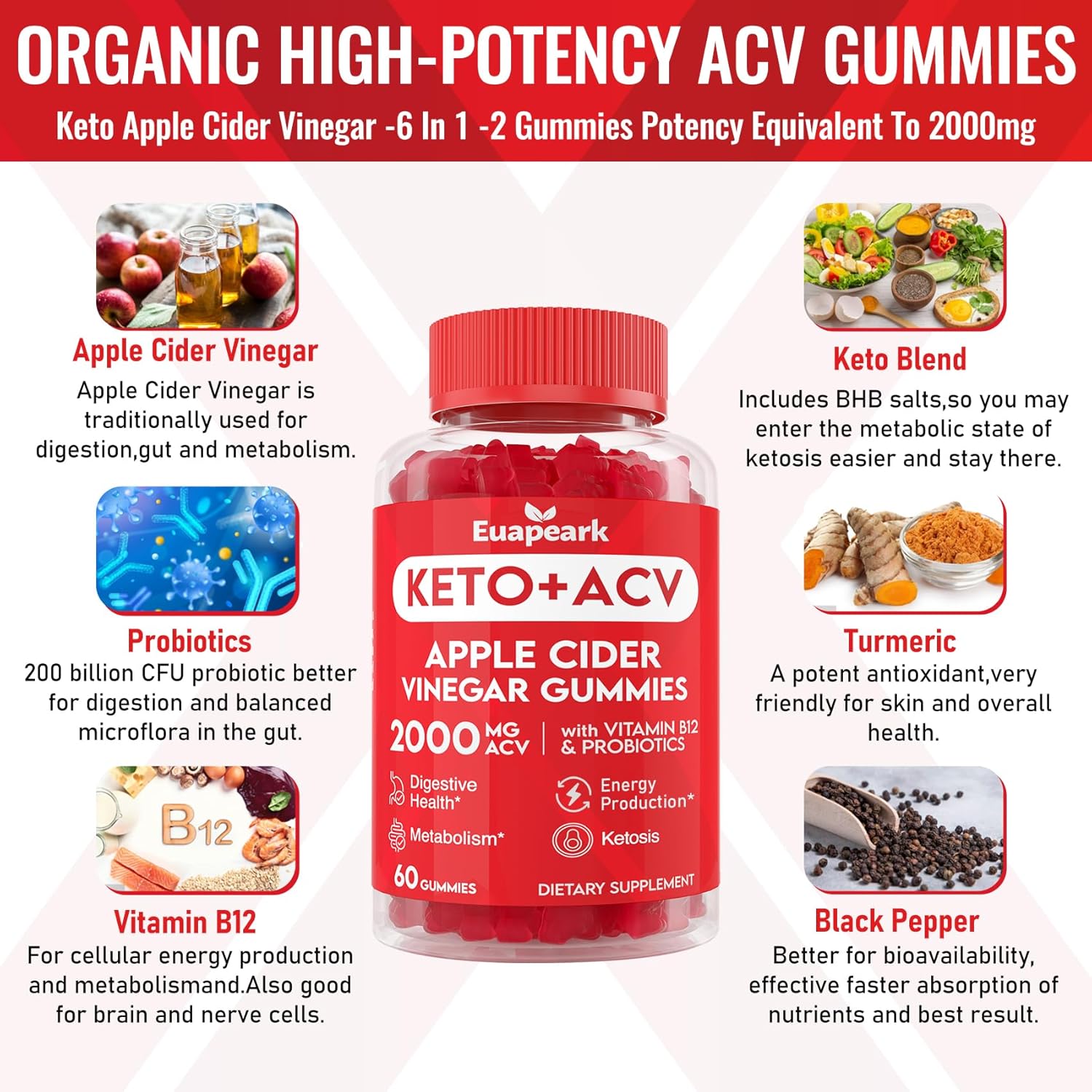 360 Count Keto Apple Cider Vinegar Gummies with Probiotics, Vitamin B12 for Digestion, Metabolism & Detox - Vegan & Low Sugar - 2000mg ACV with Mother - Cleanse & Keto Support