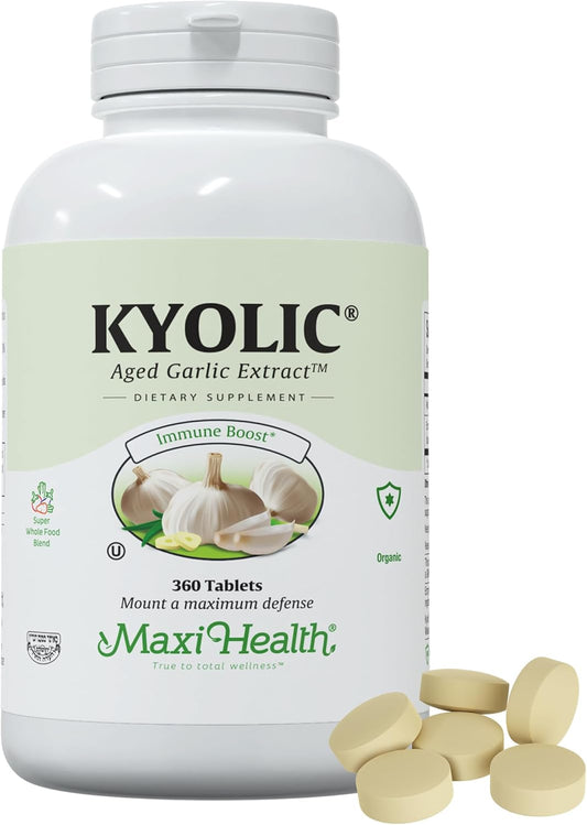 360 Count Maxi Health Kyolic Organic Garlic Supplement - Vegetarian Kosher Garlic Tablets with Aged Garlic Extract for Immune Support