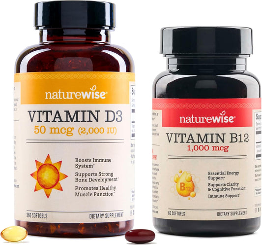 360 Count NatureWise Vitamin D3 2000iu & 60 Softgel Vitamin B12 1000mcg Bundle for Energy, Immune Support, and Muscle Function