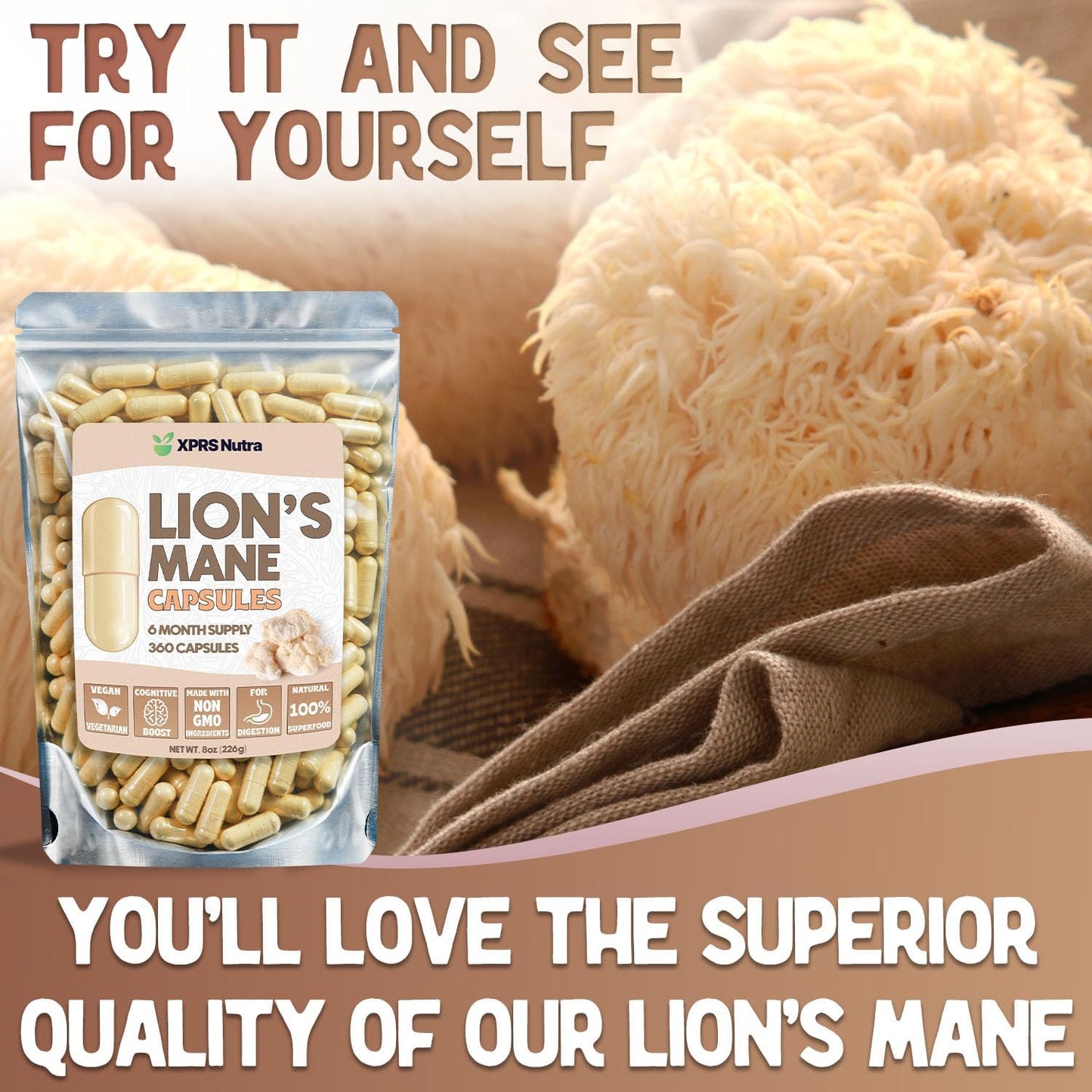 360 Count Organic Lions Mane Mushroom Capsules - Premium Supplement for Mental Clarity, Cognition, and Immunity - 180 Day Supply