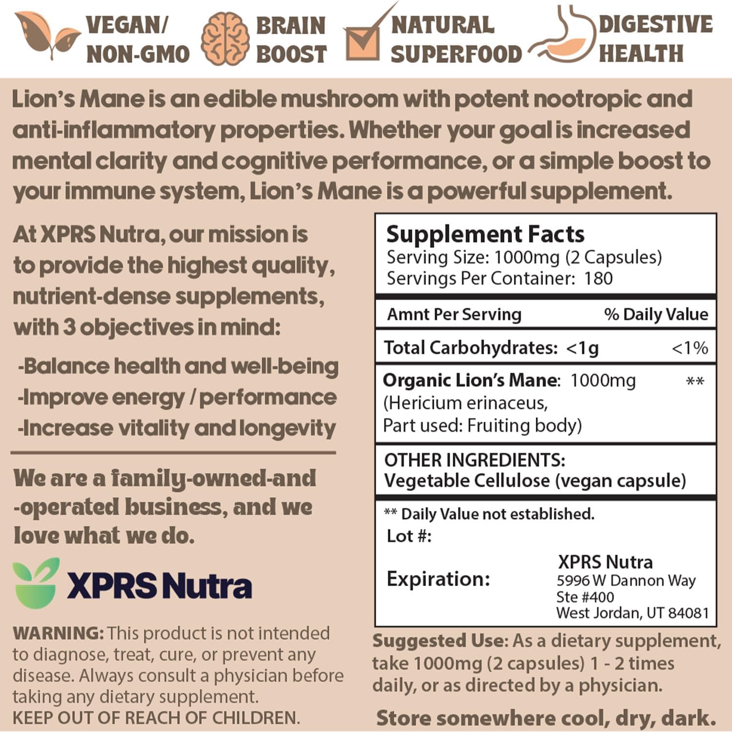 360 Count Organic Lions Mane Mushroom Capsules - Premium Supplement for Mental Clarity, Cognition, and Immunity - 180 Day Supply