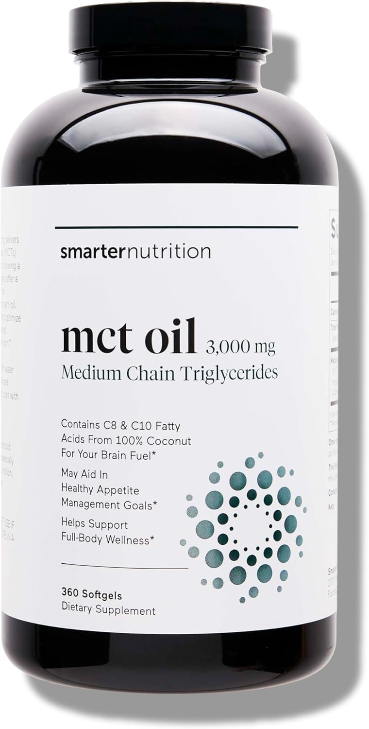 360 Count Smarter Nutrition MCT Oil Capsules - C8 and C10 - Ketogenic Brain & Body Fuel - Cold-Pressed Coconut, Palm - Gluten-Free, Non-GMO - 180-Day Supply